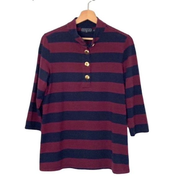 Duffield Lane Navy Blue and Maroon Wide Striped Henley Pullover Size Large - Picture 1 of 10